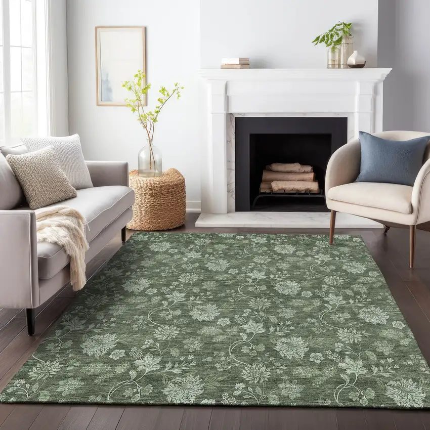 Olive Green And Gray Floral Washable Area Rug With UV Protection Photo 5