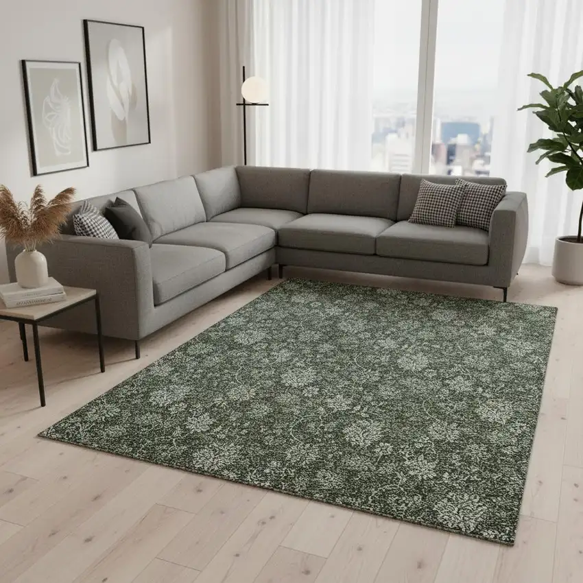 Olive Green And Gray Floral Washable Area Rug With UV Protection Photo 3