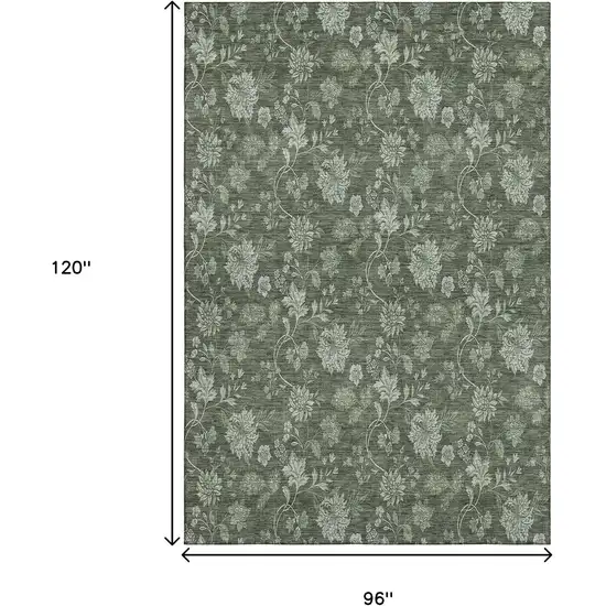 Olive Green And Gray Floral Washable Area Rug With UV Protection Photo 6