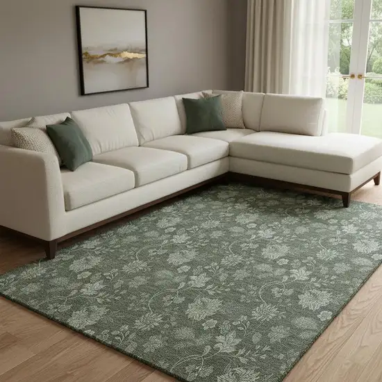 Olive Green And Gray Floral Washable Area Rug With UV Protection Photo 1