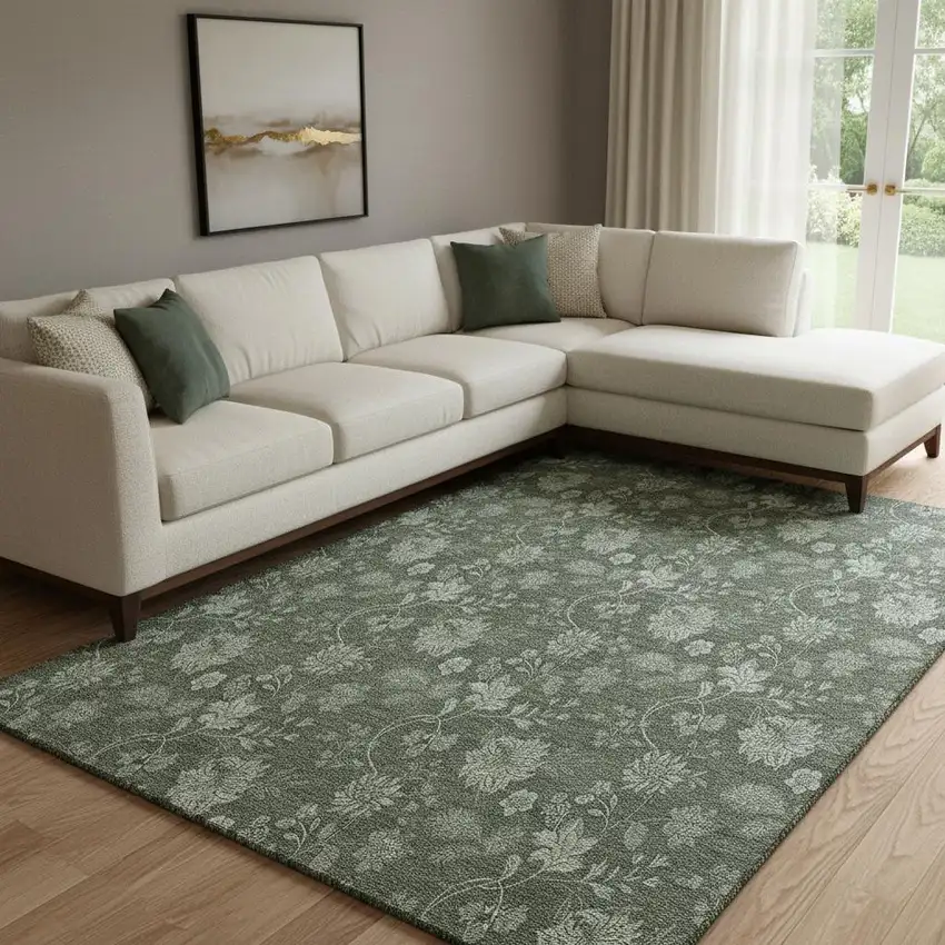 Olive Green And Gray Floral Washable Area Rug With UV Protection Photo 1