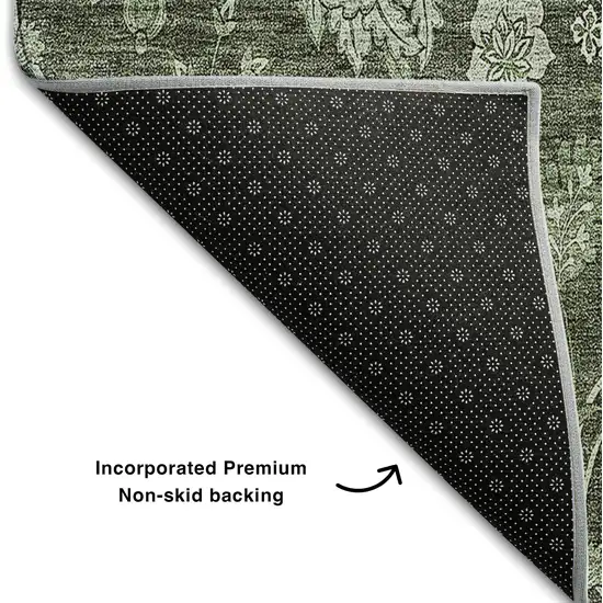 Olive Green And Gray Floral Washable Area Rug With UV Protection Photo 7