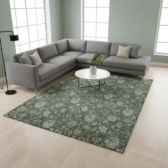 Olive Green And Gray Floral Washable Area Rug With UV Protection Photo 2