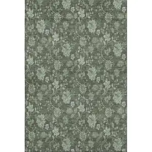 Photo of Olive Green And Gray Floral Washable Area Rug With UV Protection