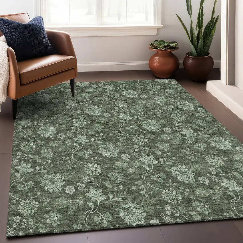 Olive Green And Gray Floral Washable Area Rug With UV Protection Photo 4