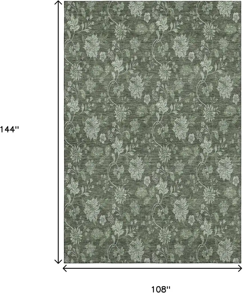 Olive Green And Gray Floral Washable Area Rug With UV Protection Photo 4