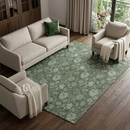 Olive Green And Gray Floral Washable Area Rug With UV Protection Photo 1