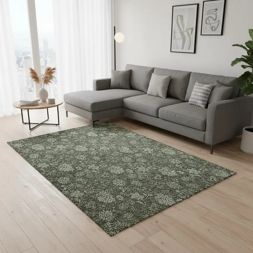 Olive Green And Gray Floral Washable Area Rug With UV Protection Photo 1