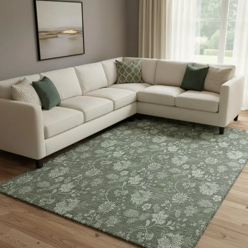 Olive Green And Gray Floral Washable Area Rug With UV Protection Photo 1