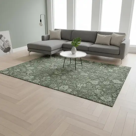 Olive Green And Gray Floral Washable Area Rug With UV Protection Photo 3