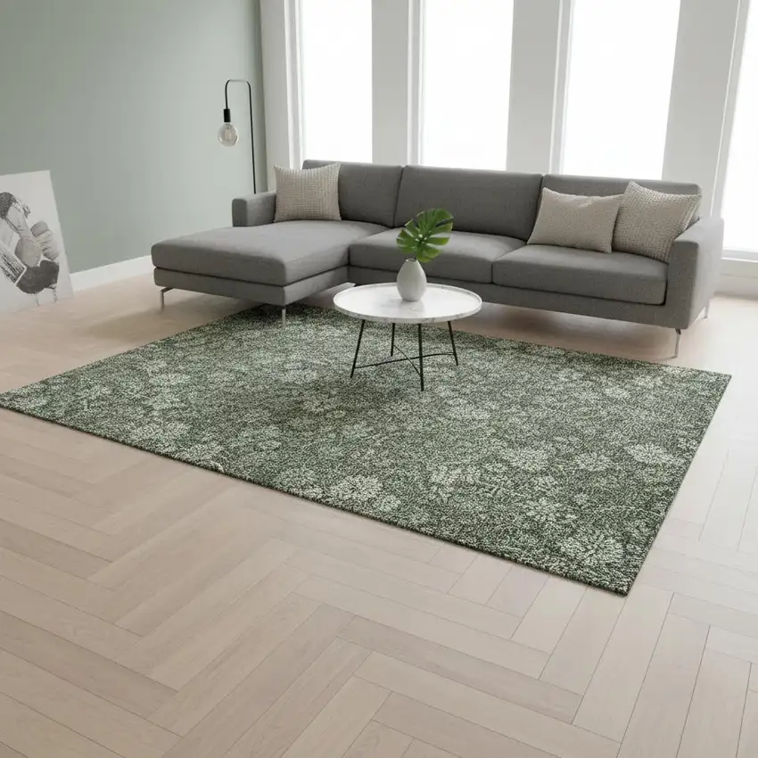 Olive Green And Gray Floral Washable Area Rug With UV Protection Photo 3