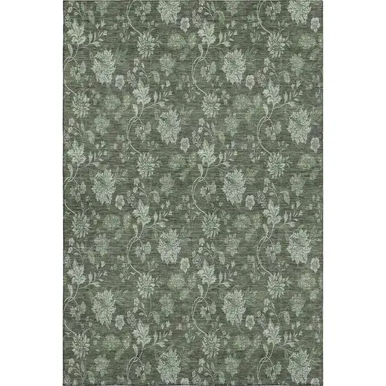 Olive Green And Gray Floral Washable Area Rug With UV Protection Photo 2