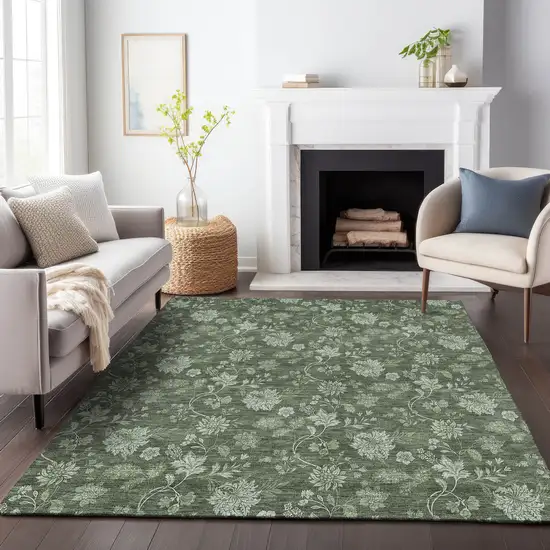 Olive Green And Gray Floral Washable Area Rug With UV Protection Photo 6