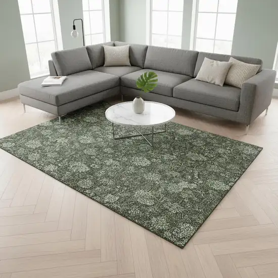 Olive Green And Gray Floral Washable Area Rug With UV Protection Photo 1