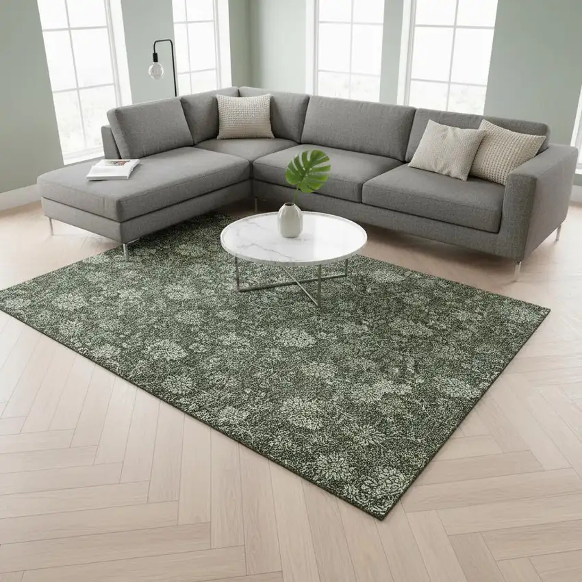 Olive Green And Gray Floral Washable Area Rug With UV Protection Photo 1