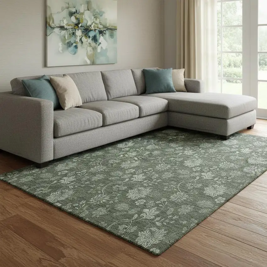 Olive Green And Gray Floral Washable Area Rug With UV Protection Photo 1