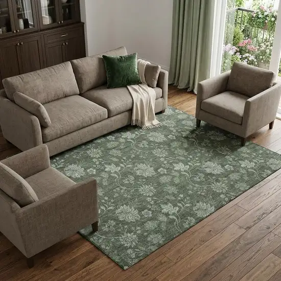Olive Green And Gray Floral Washable Area Rug With UV Protection Photo 1