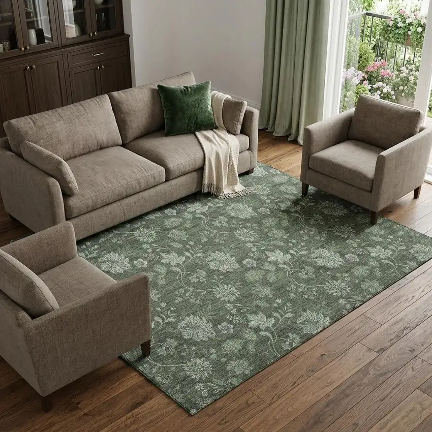 Olive Green And Gray Floral Washable Area Rug With UV Protection Photo 1