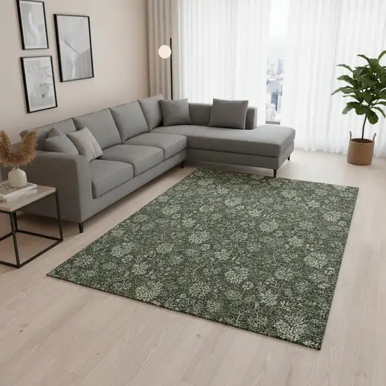 Olive Green And Gray Floral Washable Area Rug With UV Protection Photo 3