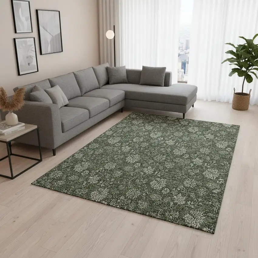 Olive Green And Gray Floral Washable Area Rug With UV Protection Photo 3