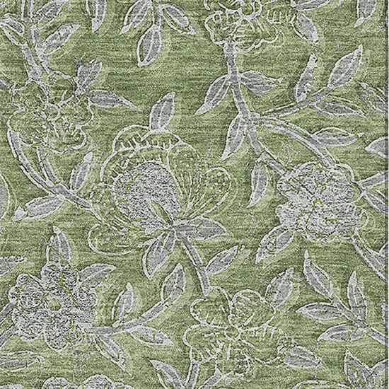 Olive Green And Gray Floral Washable Area Rug With UV Protection Photo 3