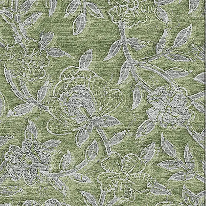 Olive Green And Gray Floral Washable Area Rug With UV Protection Photo 3