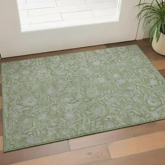 Olive Green And Gray Floral Washable Area Rug With UV Protection Photo 1