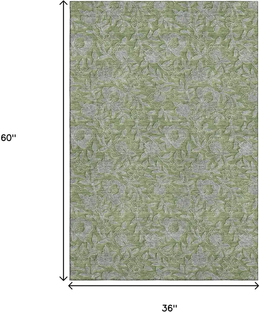 Olive Green And Gray Floral Washable Area Rug With UV Protection Photo 3
