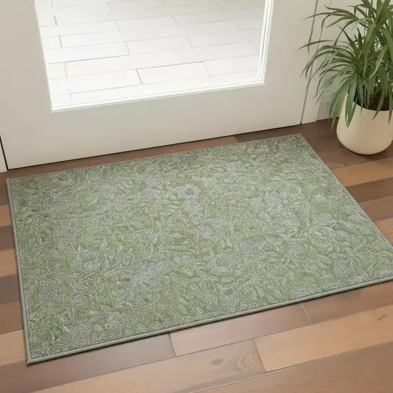 Olive Green And Gray Floral Washable Area Rug With UV Protection Photo 2