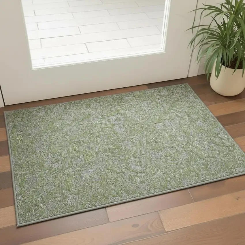 Olive Green And Gray Floral Washable Area Rug With UV Protection Photo 2
