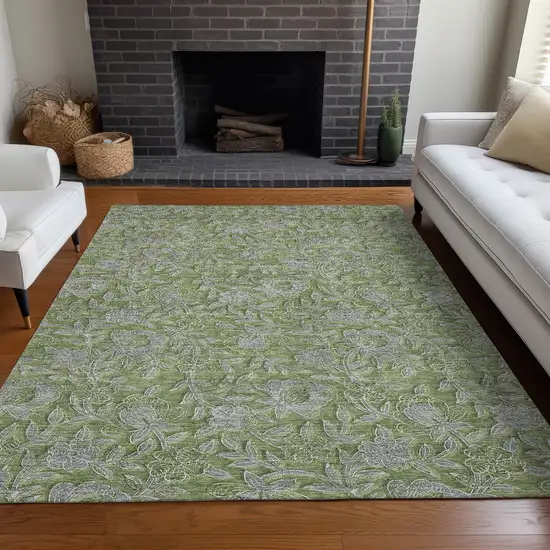 Olive Green And Gray Floral Washable Area Rug With UV Protection Photo 5