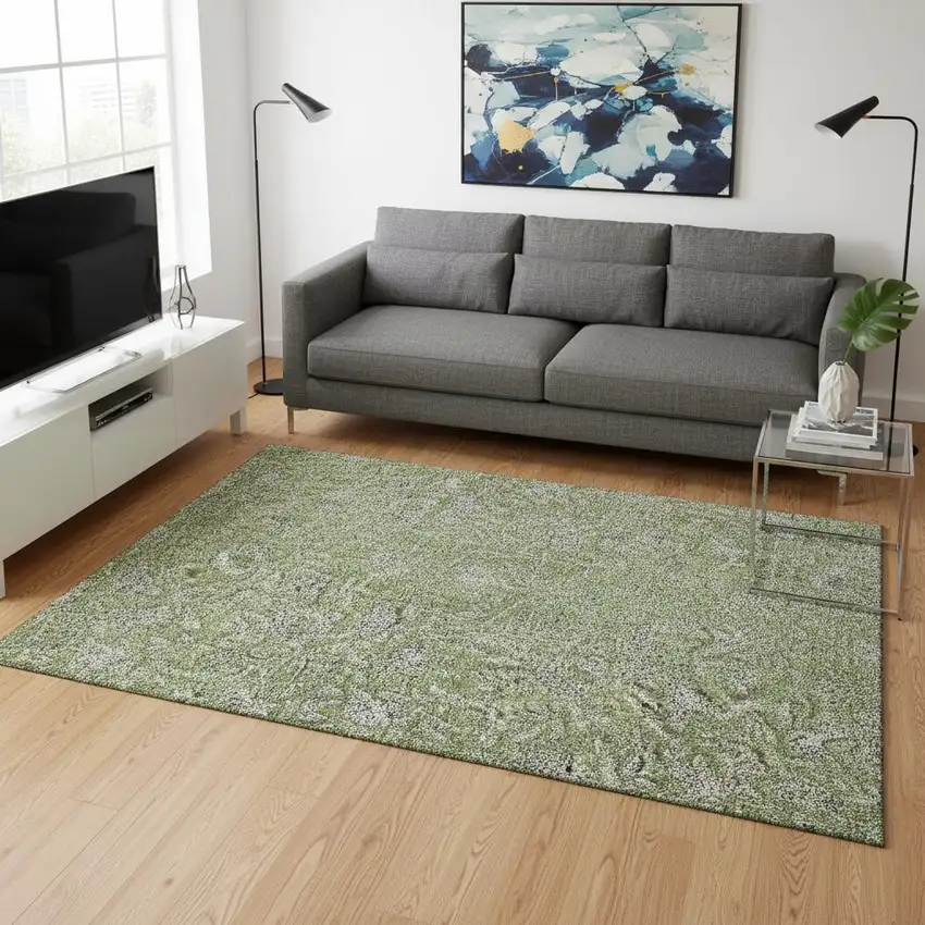 Olive Green And Gray Floral Washable Area Rug With UV Protection Photo 2