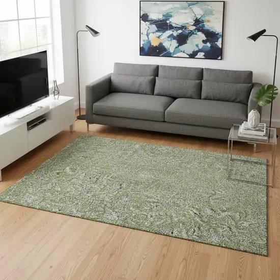 Olive Green And Gray Floral Washable Area Rug With UV Protection Photo 2