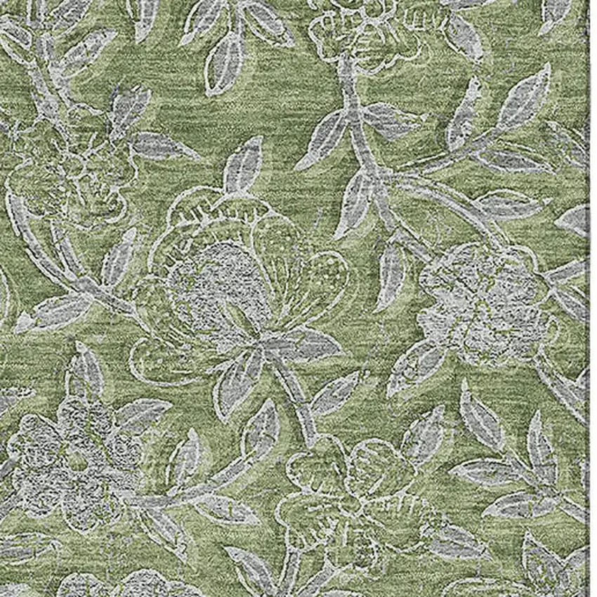 Olive Green And Gray Floral Washable Area Rug With UV Protection Photo 3