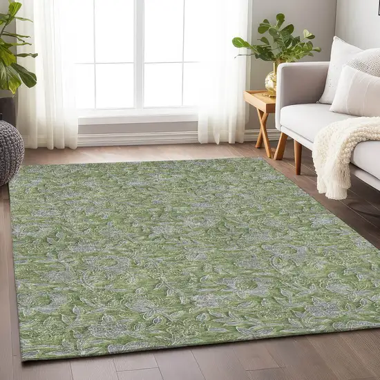 Olive Green And Gray Floral Washable Area Rug With UV Protection Photo 6