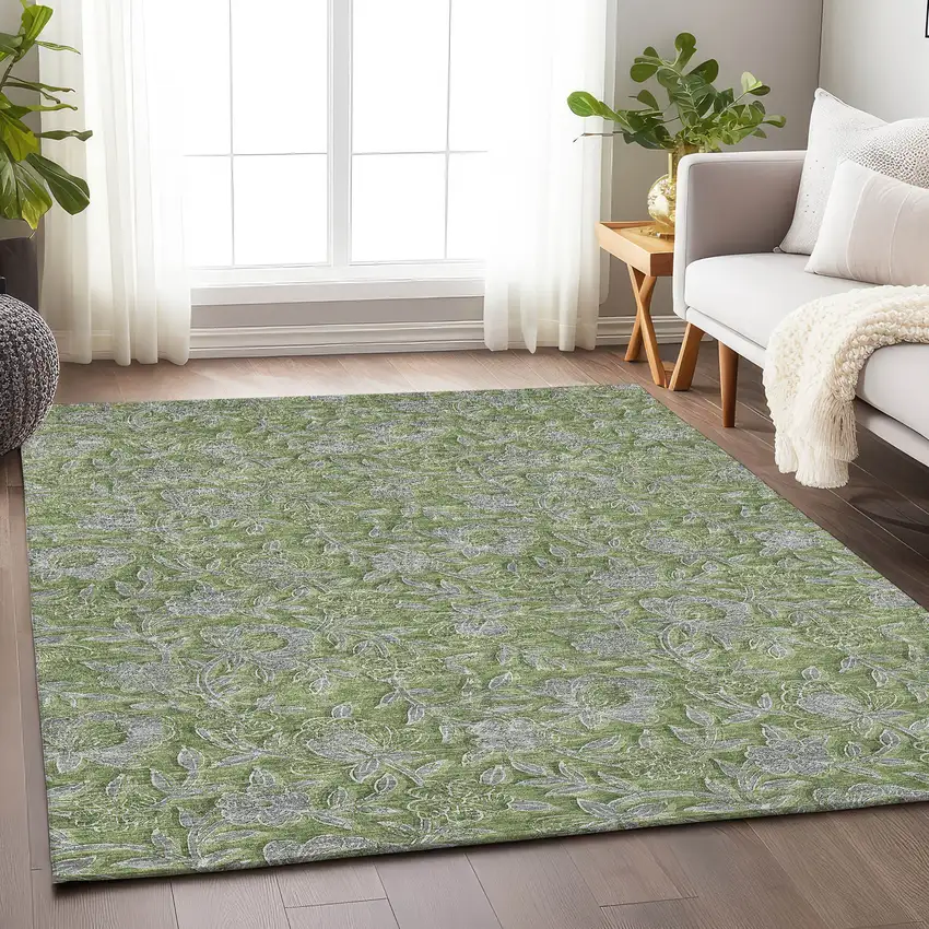 Olive Green And Gray Floral Washable Area Rug With UV Protection Photo 6