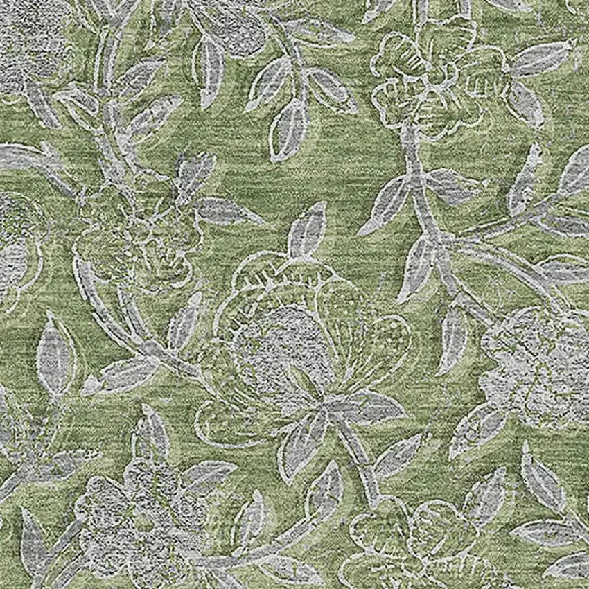 Olive Green And Gray Floral Washable Area Rug With UV Protection Photo 3