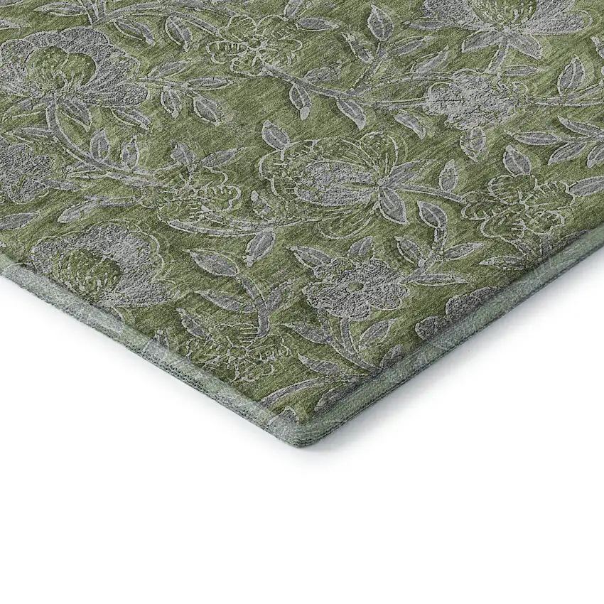 Olive Green And Gray Floral Washable Area Rug With UV Protection Photo 8