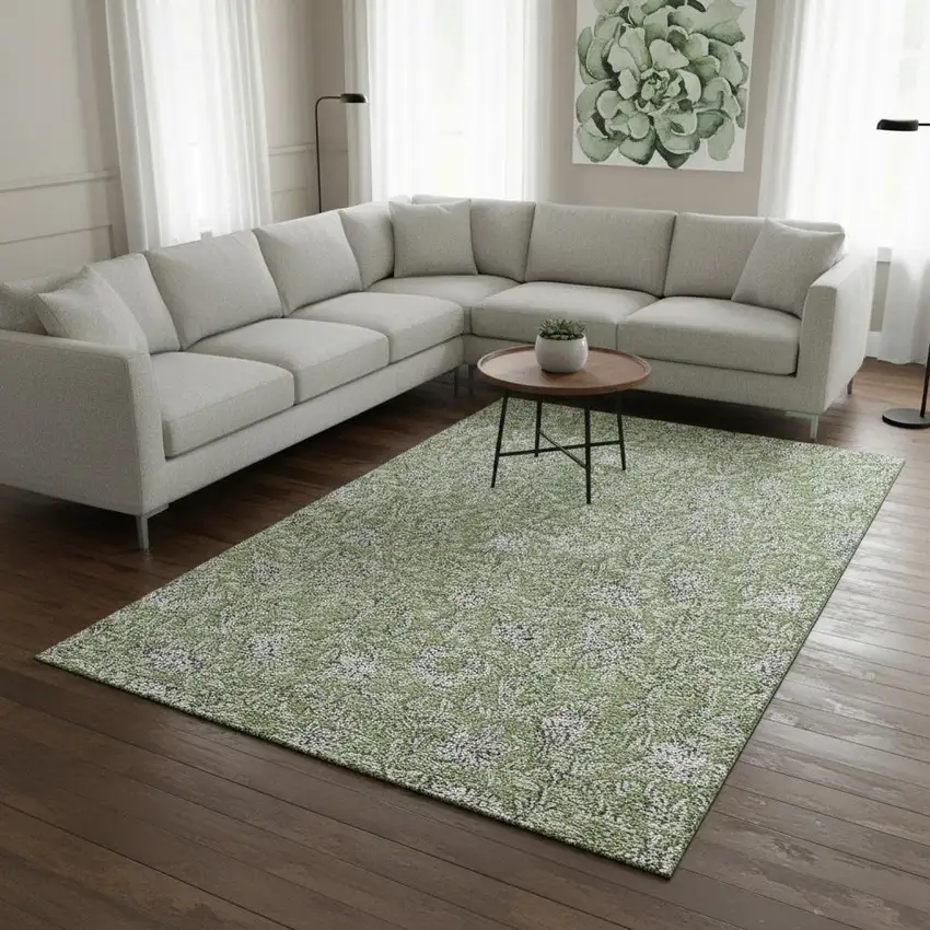 Olive Green And Gray Floral Washable Area Rug With UV Protection Photo 2