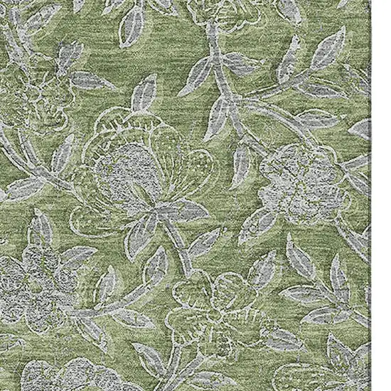 Olive Green And Gray Floral Washable Area Rug With UV Protection Photo 3