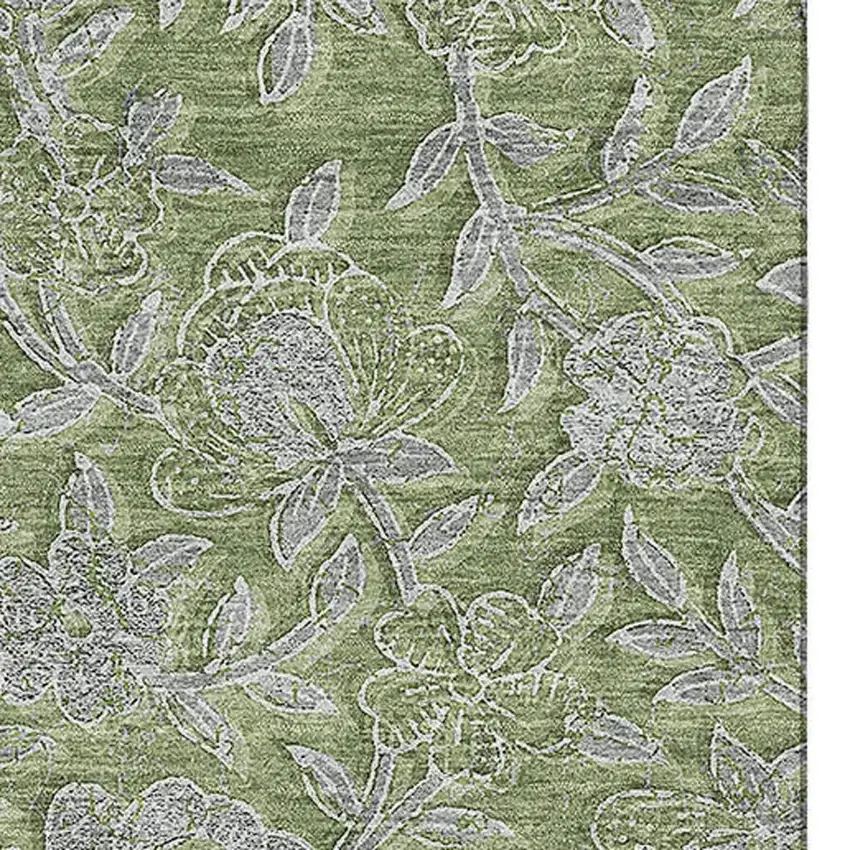 Olive Green And Gray Floral Washable Area Rug With UV Protection Photo 3