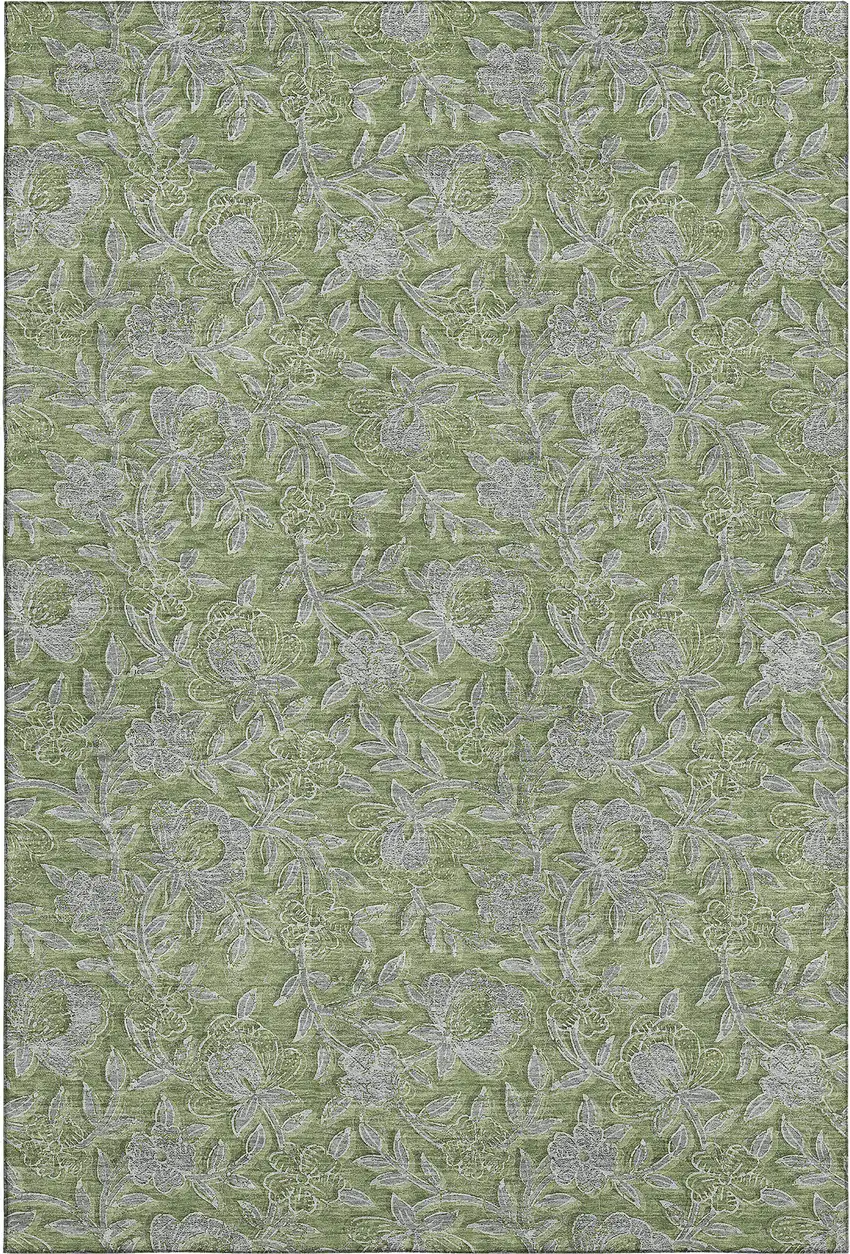 Olive Green And Gray Floral Washable Area Rug With UV Protection Photo 1