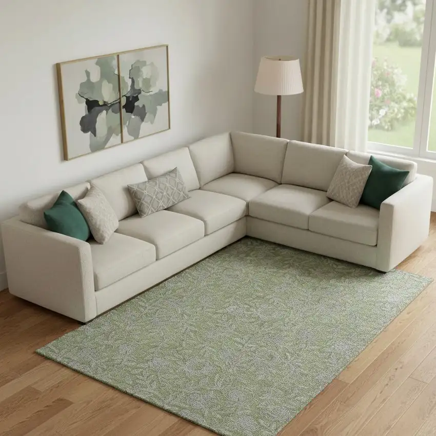 Olive Green And Gray Floral Washable Area Rug With UV Protection Photo 1