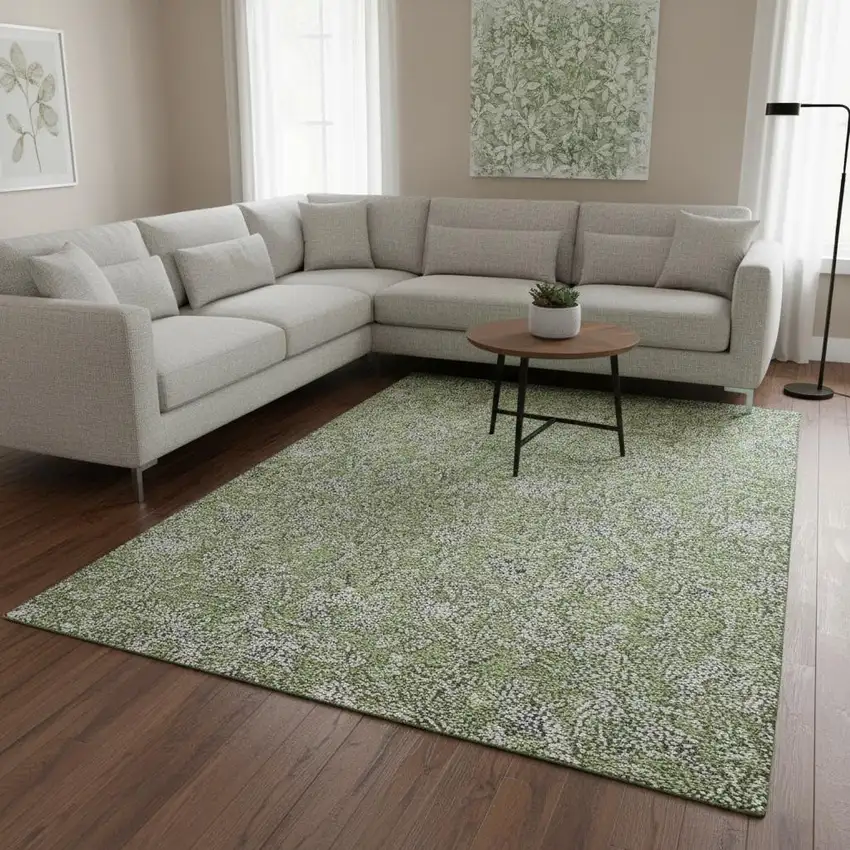 Olive Green And Gray Floral Washable Area Rug With UV Protection Photo 2