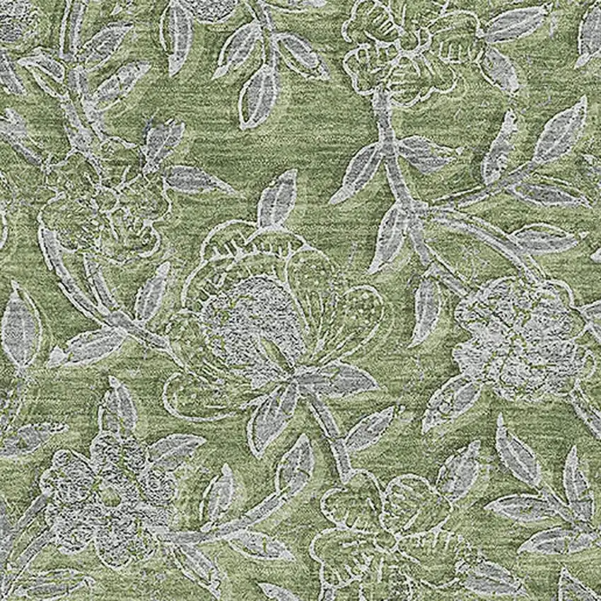 Olive Green And Gray Floral Washable Area Rug With UV Protection Photo 3