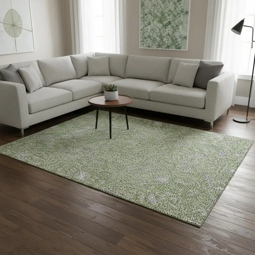 Olive Green And Gray Floral Washable Area Rug With UV Protection Photo 2