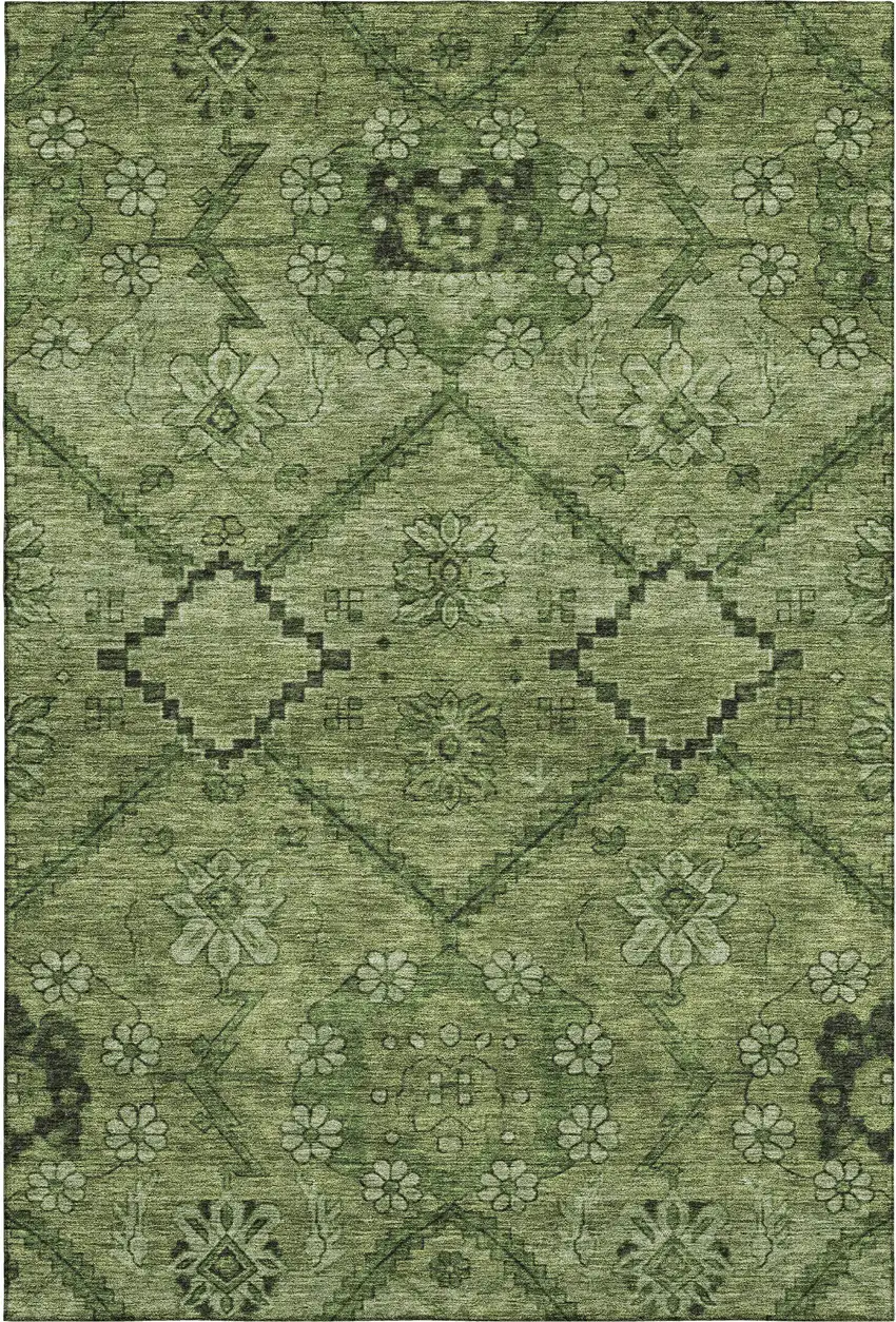 Olive Green And Gray Floral Washable Area Rug With UV Protection Photo 1