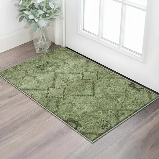 Olive Green And Gray Floral Washable Area Rug With UV Protection Photo 2