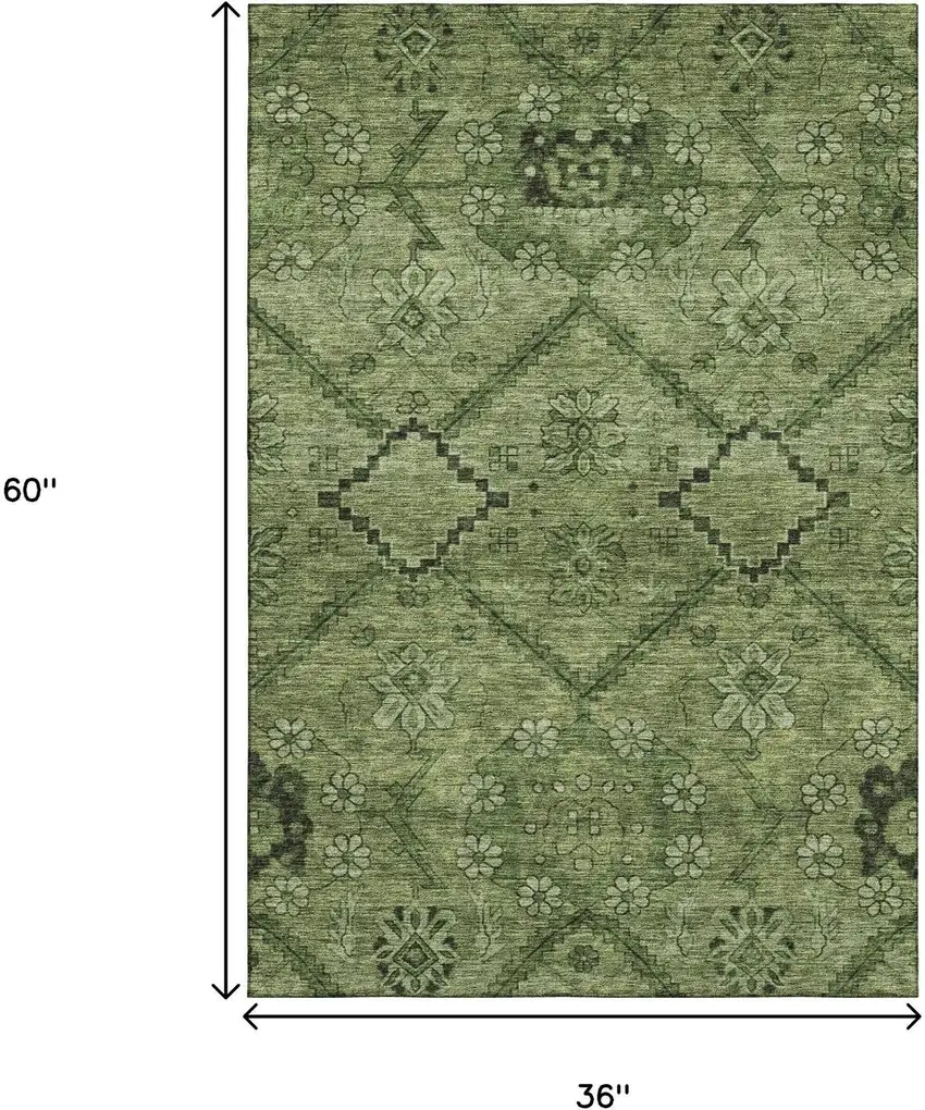 Olive Green And Gray Floral Washable Area Rug With UV Protection Photo 3