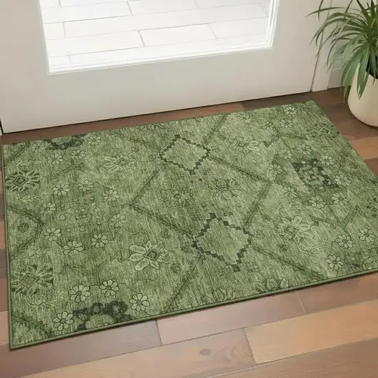 Olive Green And Gray Floral Washable Area Rug With UV Protection Photo 1